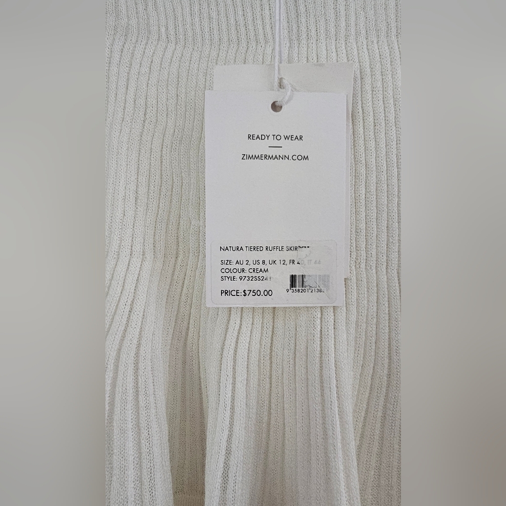 Zimmermann Cotton-Blend Rib-Knit Tiered Midi-Skirt Cream Size 2 (6-8) - Picture 14 of 14